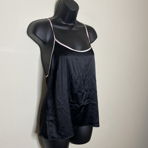 VICTORIA'S SECRET Black Shiny Satin Pink Trim Racer Back Tank Slip‎ Top Sz M NEW - Picture 3 of 9